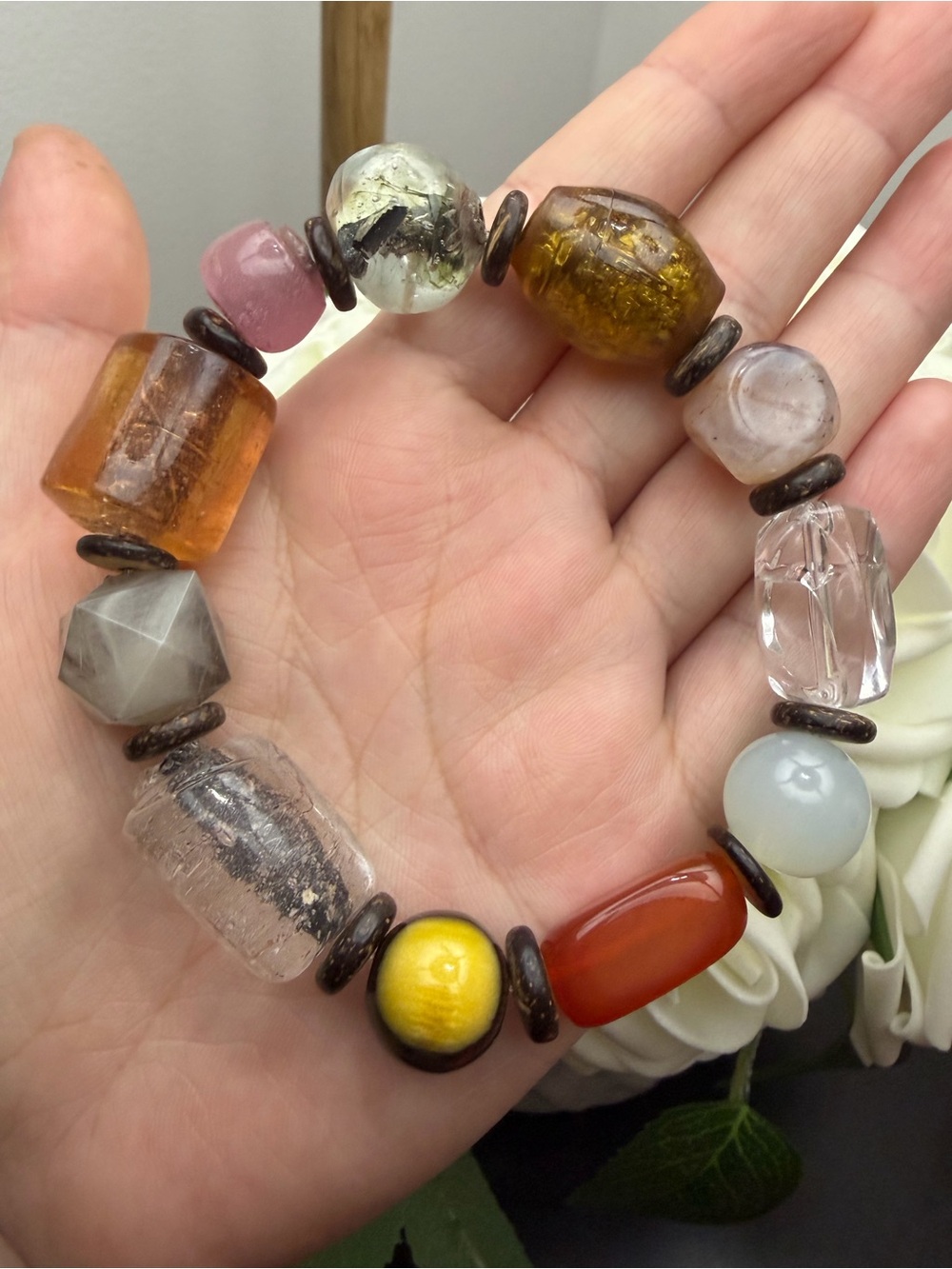 Handcrafted Multicolor Bead Stretch Bracelet - Mixed Glass & Stone